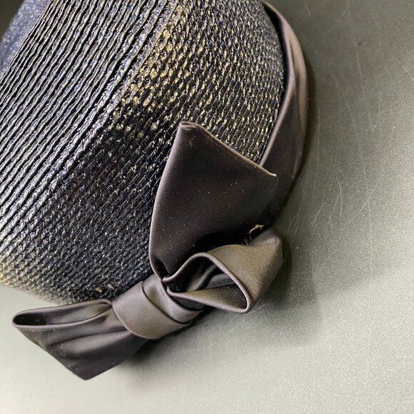 Vintage Darcel Pill Box Straw Hat Large Ribbon Trim Black Made in VTG USA - Picture 5 of 13